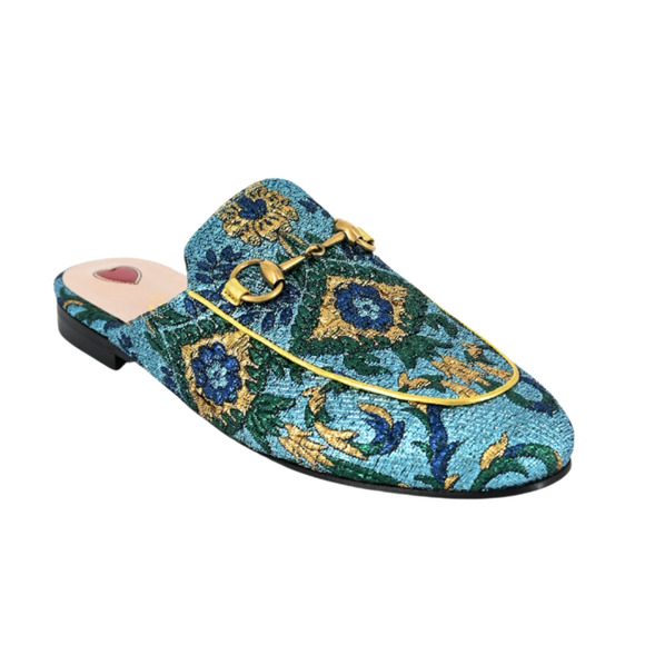 Gucci Brocade Princetown Mules Size 35.5 Teal Blue Gold Slip On - Picture 1 of 4